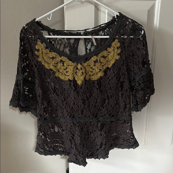 Free People Tops - Free People Elegant Black Lace Top with Gold Detailing